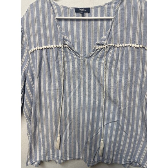 Angels New York Womens 2X Blue & White Striped Boho Blouse Pom Pom Tassel Ties - Picture 2 of 9